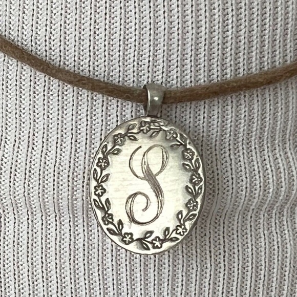 Me & Ro Jewelry - Me&Ro Silver Initial 'S' Floral Necklace on Leather Cord, Rare!!!